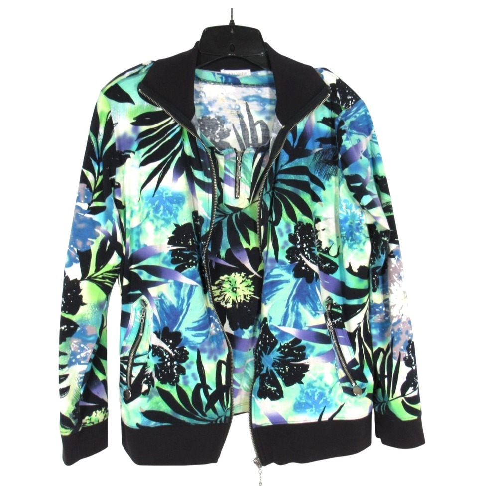 ERIN LONDON Green/Blue TROPICAL FLORAL PRINT Knit JACKET/BLOUSE 2Pc Sz S